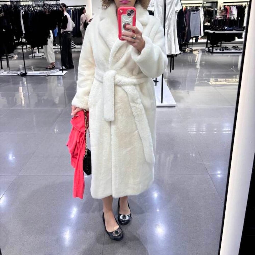 Zara  cream faux fur coat long Medium